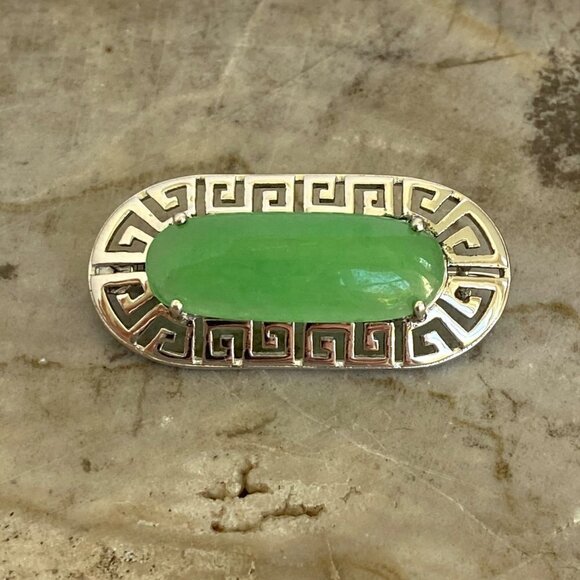 Sterling Silver 925 Oval Green Stone Greek Key Cut Out Brooch - Picture 12 of 16